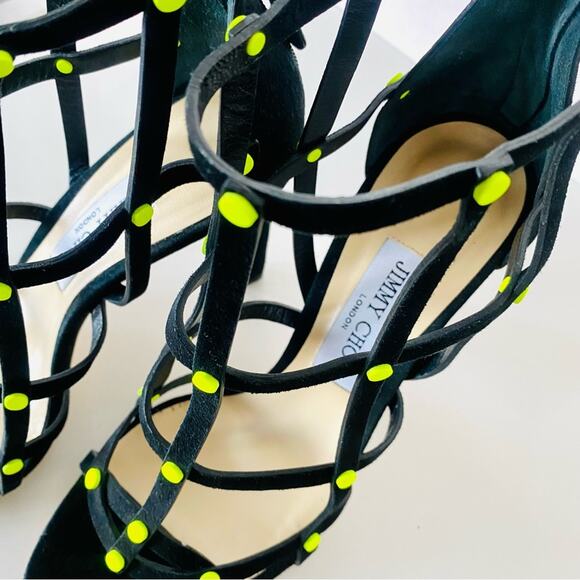 NEW JIMMY CHOO Black Neon Yellow Studded Tina Caged Heel Stiletto Sandals 40 10 - Picture 7 of 16